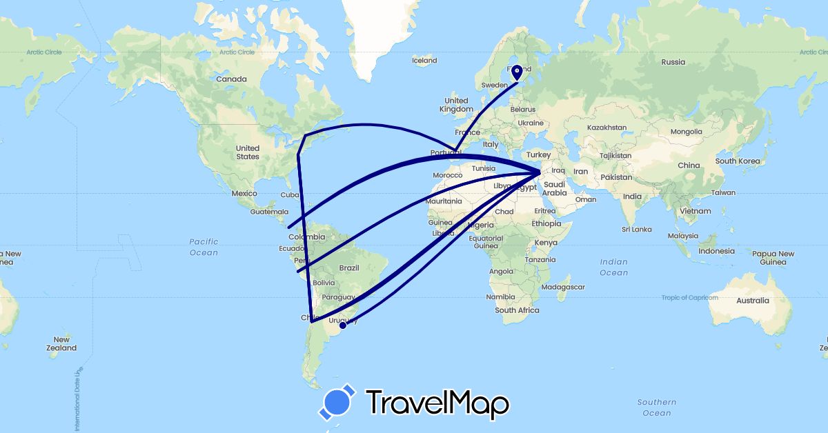 TravelMap itinerary: driving in Brazil, Canada, Chile, Germany, Spain, Finland, Israel, Panama, Peru, United States, Uruguay (Asia, Europe, North America, South America)